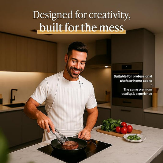 Will Well Kitchen Apron for Men and Women - 33" x 27" Oil-and-Water-Resistant with Adjustable Neck Strap and 38" Waist Ties for a Snug Fit, Lightweight with 2 Front Pockets - 1-Pack, White Stripe