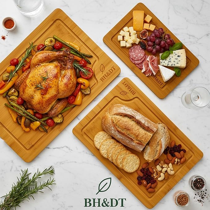 BH&DT bamboo cutting board set of 3,bamboo cutting boards for kitchen with juice groove, meat board cutting board with handle, chopping gift set,professional kitchen board,