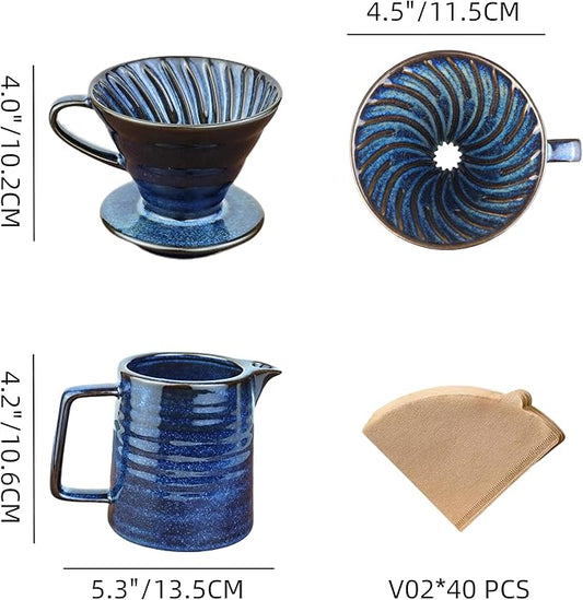 HYAXGM Pour Over Coffee Maker,Ceramic Coffee Maker With 40 pcs Paper Filter,15oz/450ml Pour Over Coffee Dripper (Starry Blue, V02)