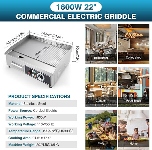 IRONWALLS Electric Griddle Nonstick 22 Inch, Stainless Steel Commercial Griddle for Indoor & Outdoor, 2-IN-1 Half Flat Top Griddle Grill for Restaurant & Home, 122℉-572℉ Adjustable Temperature
