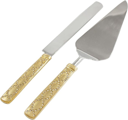 Server Set, Cake, Pie, Desert Flatware Set, Glitter Crystal Studs Design, 2-piece 18/10 Stainless steel with brass handles (light antique gold finish)…