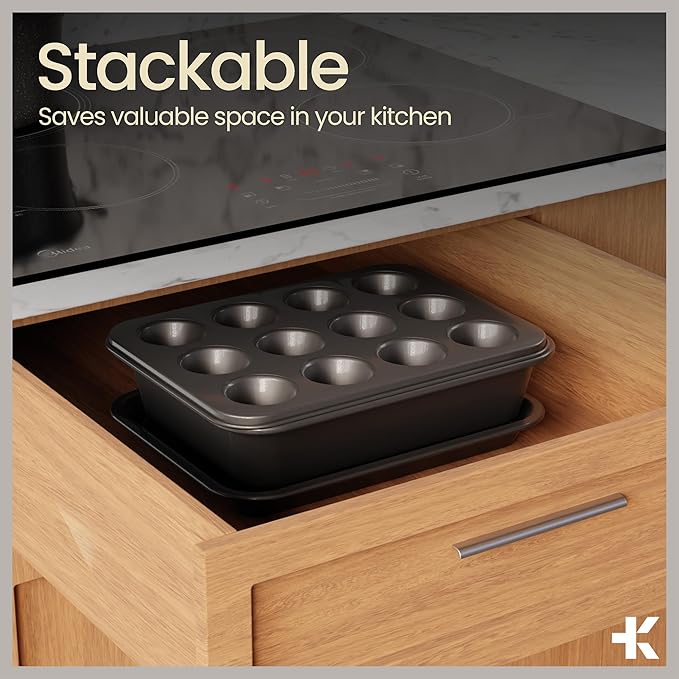 Bakken 4-Piece Bakeware Sets, Nonstick Carbon Steel Baking Sheet, Stackable Space-Saving Bakeware, Dishwasher Safe, Stain-resistant, PFOA, PFOS, & PTFE Free, Oven Safe Up To 450°F, Black