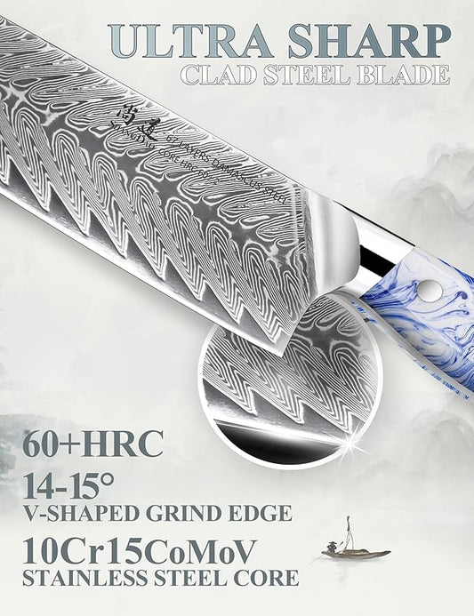SHANGDAO 8 Inch Kiritsuke Chef Knife, Kitchen Slicing Knife Forged Damascus Steel with Blue and White Resin Handle - Full Tang - HUA Series