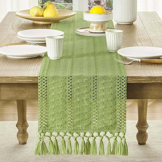 ZeeMart Macrame Style Boho Table Runner, Sage Green Table Runners 48 Inches Long, Farmhouse Woven Home Decor, 12x48 Inch, Green