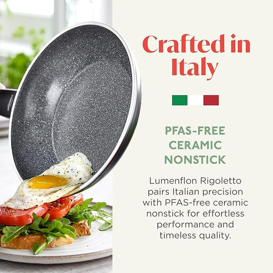 Rigoletto 9.5” Nonstick Frying Pan Skillet, Made in Italy, Layered Ceramic PFAS-Free Surface, Induction Ready, Dishwasher & Metal Utensil Safe, Granite Finish, Stay-Cool Handle,Black