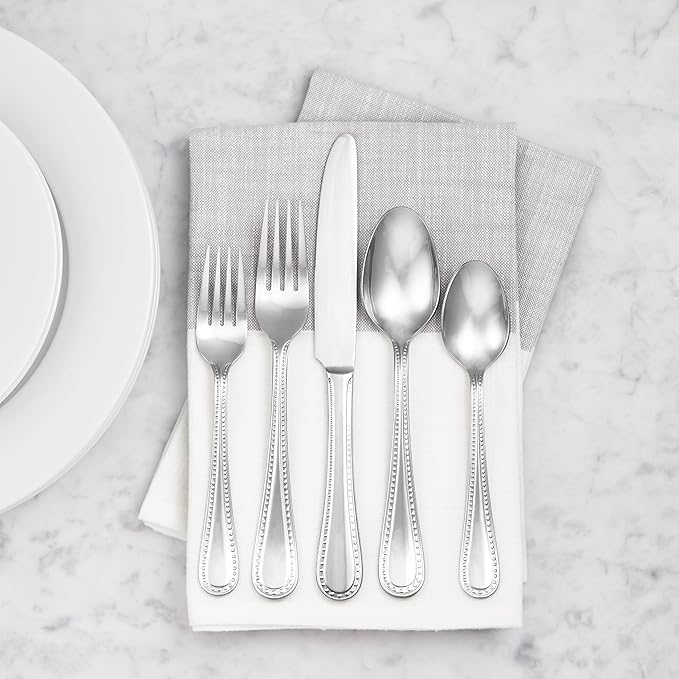 Amazon Basics Stainless Steel Dishwasher Safe Dinner Spoons with Pearled Edge, Large Tablespoons, 7.7 inches, Pack of 12, Silver