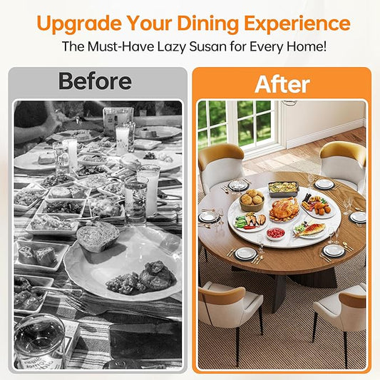 Lazy Susan Turntable 35.4 Inch - 360° Silent Rotating Anti-Slip Serving Tray, Heavy Duty Centerpiece for Kitchen, Dining & Coffee Table - White Modern Design with Non-Slip Base
