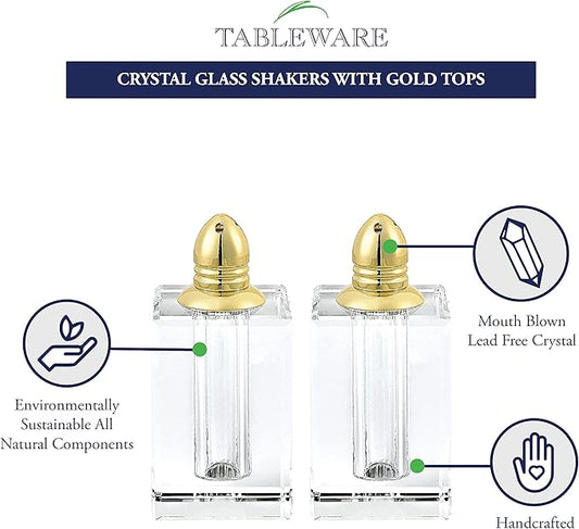 Badash Crystal Salt and Pepper Shaker Set - 3.5" Tall Spirit Hand-Cut Optical Crystal Glass Shakers with Gold Tops - Set a Beautiful Table