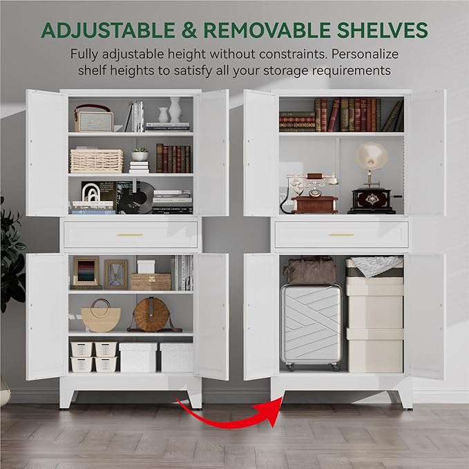 71" Tall Kitchen Pantry Cabinet,Farmhouse Pantry Cabinet,Metal Cabinet with Adjustable Shelves and Drawer,Storage Cabinet for Kitchen Dining Room Garage,White