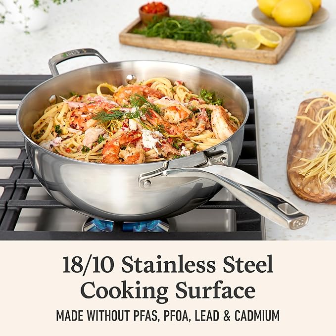 Calphalon Premier Polished 5-Ply Stainless Steel Cookware Set w/Turbo Heat Tech 4.5Qt Chef's Pan with Lid, Induction, Oven Safe 500F, Silver