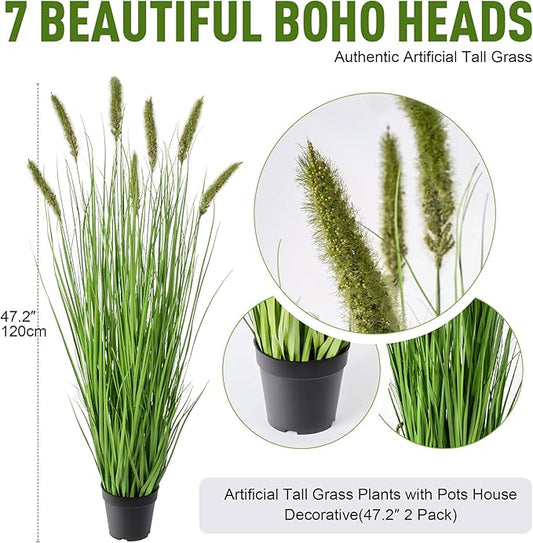 Artificial Cattail Reed Grass Plants Indoor ,Faux Cattail Grass Plant Artificial Plant Grass Outdoor,Fake Grass Tall Green Onions Fake Plant, Living Room Kitchen Office Decoration 47“2 Pcs
