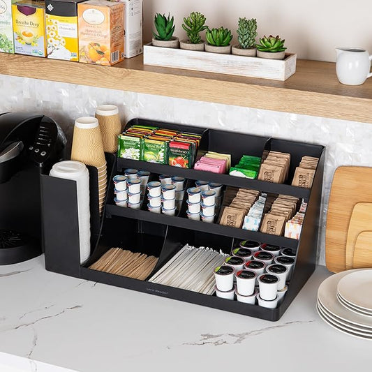 Mind Reader Extra Large Cup and Condiment Station, Countertop Organizer, Coffee Bar, Kitchen, Stirrers, 24"L x 11.5"W x 12.5"H, Black