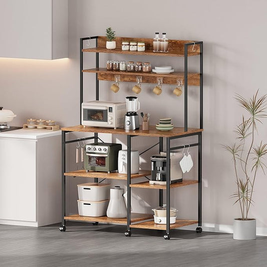 Kitchen Bakers Rack with Storage,Microwave Stand with Wheels,with Adjustable Shelves,Kitchen Shelves,Coffee Bar with 10 S-Shaped Hooks,35.4 * 15.8 * 61 Inches,Rustic Brown