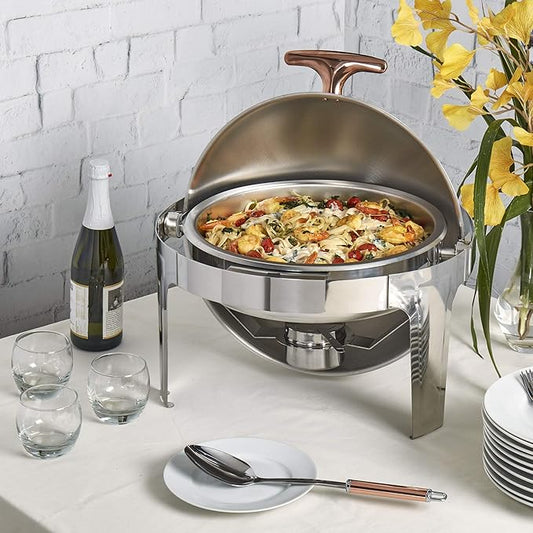 Denmark Tools for Cooks Celebrations Cookware Collection 5 Piece 6.3-Quart Heavy Gauge Stainless Steel Round Chafing Dish Set with Roll Top Lid for Entertaining & Catering