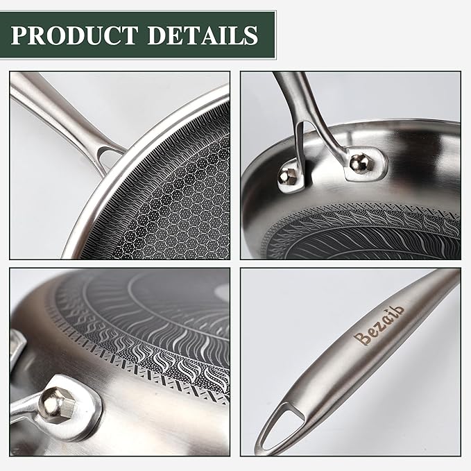 Bezaib 12-Inch Hybrid Nonstick Frying Pan, 316 Stainless Steel, Tri-Ply Skillet, Stay-Cool Handle, PFAS/PFOA Free, Induction Compatible, Oven & Dishwasher Safe