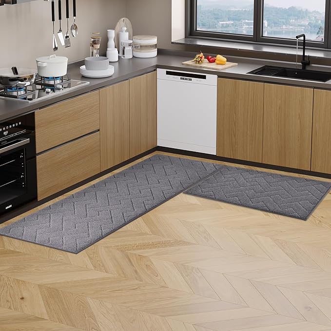Machine Washable Kitchen Rugs Set (24" x 36"+24" x 60"), Non-Slip Kitchen Runner Rugs Mats for Floor, Absorbent Comfort Standing Mats for Kitchen, Sink and Hallway, Rolled Packaging, Grey