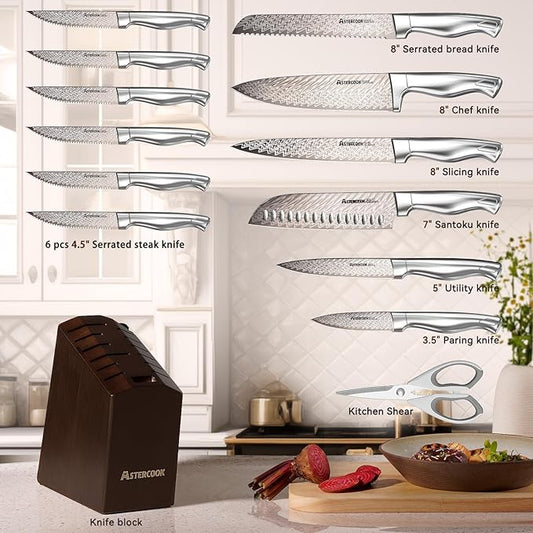 Astercook Knife Set, 15-Piece Kitchen Knife Set with Block and Built-in Sharpener, Ultra-Sharp German Stainless Steel Knife Block Set, Ergonomic Handle, Dishwasher Safe