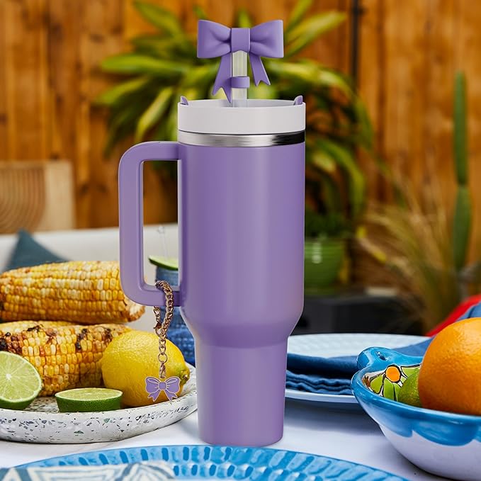 Compatible with Stanley Cup Accessories - 3Pcs 10mm Bow Straw Topper Compatible with Stanley Cup Straw Cover Cap, 2pcs Purple Bow Charms for 30&40 Oz Tumbler with Handle