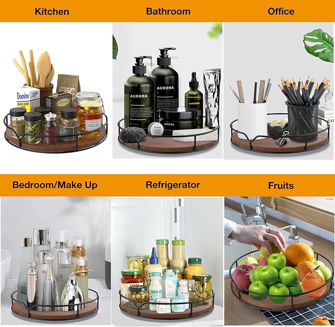 Lazy Susan Turntable Organizer for Cabinet Pantry Kitchen Countertop Refrigerator Cupboard, Pine Wood, 9", Brown