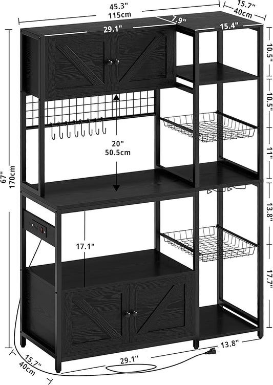 IRONCK Bakers Rack with 2 Storage Cabinets and Power Outlet, 45.3 Inch Industrial Coffee Bar Cabinet Shelves, Kitchen Microwave Stand with Storage, Vintage Black