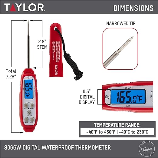 Taylor Digital Waterproof Thermometer with Bright Blue Backlight for Kitchen, Meat, Food, Grill, BBQ Cooking, Red, Standard,(806GW)