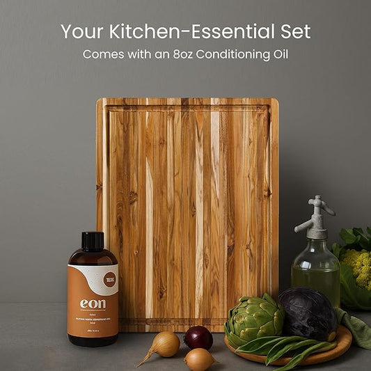 Teakhaus Carving Board and Cutting Board Oil Set - Includes Medium (M) Wood Cutting Board with Juice Groove and EON Food Grade Mineral Oil - Knife-Friendly - FSC Certified