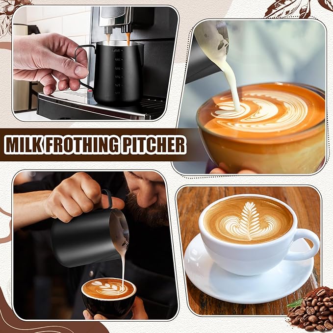 Maxdot 3 Pack Milk Frothing Pitcher 12 Oz, 20 oz and 30 oz Milk Frother Cup Stainless Steel Espresso Steaming Pitcher with Scale Frother Jug with Art Pen for Cappuccino Coffee Latte Art