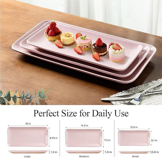 AmorArc Ceramic Serving Platter,Rectangular 16"/14.3"/12.6" inch Serving Dishes for Party Entertaining,Stoneware Serving Trays for Turkey,Salad,Microwave&Dishwasher Safe,Set of 3 -Cloud Pink