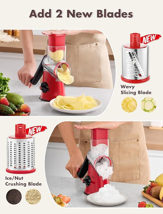 GDL Rotary Cheese Grater Hand Crank with 5 Interchangeable Blades - Upgraded Cheese Shredder Featuring Strong Suction Base for Cheese Shredding, Wavy Slicing, Nut Grinding, Ice Shaving