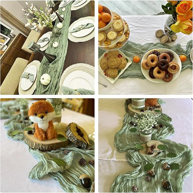 10 Pack Sage Green Cheesecloth Table Runner 10FT Boho Gauze Fabric Table Runner Vintage Rustic Sheer Runners for Wedding Party Bridal Baby Shower Long Table Decorations