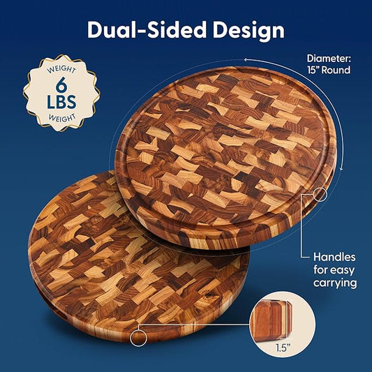 Sonder Los Angeles Vincent Round Cutting Board | Teak Edge Grain Cutting Board for Kitchen with Juice Groove | Perfect for Pizza & Charcuterie | Gift Box Included | 15x15x1.5 in