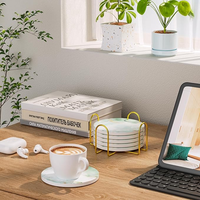 6Pcs/Set Marble Abstract Ceramic Coasters with Holder, Absorbent Drink Coasters, Coffee Cup Coaster,Round Ceramic Table Coasters Set Decorative