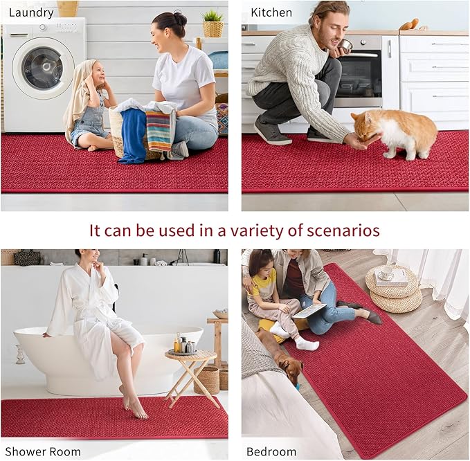 Kitchen Mats for Floor, Super Absorbent Kitchen Rugs Non Slip Washable, Soft Imitation Linen Braided Kitchen Runner Rug, Standing Mat Kitchens Sink Mat, Easy to Clean, Red 17x47