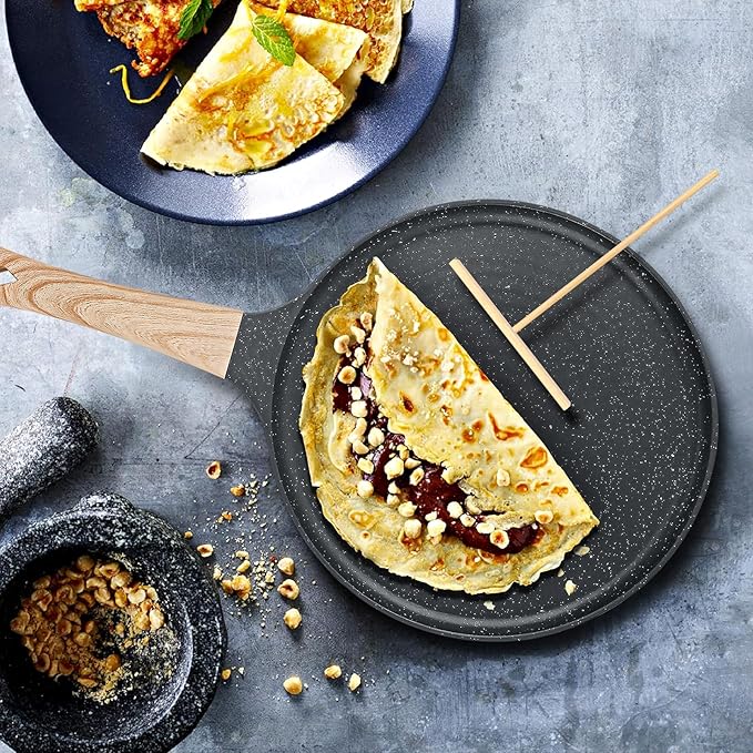 SouxMux Nonstick 11-Inch Crepe Pan with Spreader, Ceramic Coated Dosa Tawa Pan, Induction Compatible Flat Skillet for Pancakes, Omelettes, and More with Cool Handle, PFOA Free