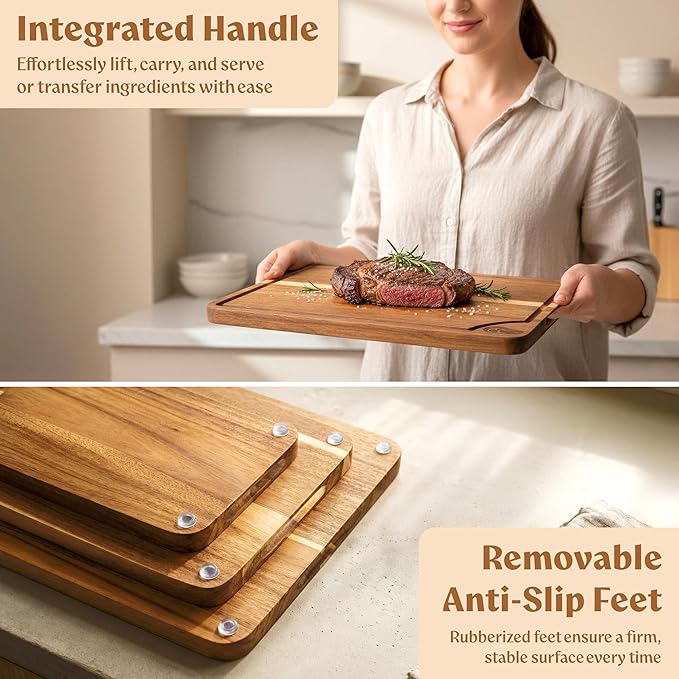 Non Toxic Cutting Boards for Kitchen - Beeswax Finished Acacia Wood Chopping Board Set of 3 (15.7x12,13x9.4,10x7 in) (Acacia Wood, 3 Pack Beeswax Finish - without Stand)
