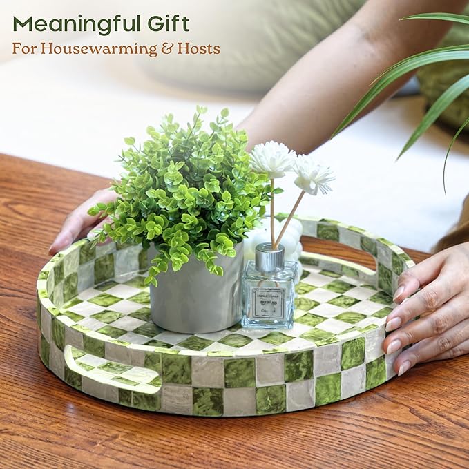 12.6" Capiz Decorative Tray with Handles, Checkered Round Serving Tray for Coffee Table, Kitchen Counter, or Bathroom (Pistachio Green)