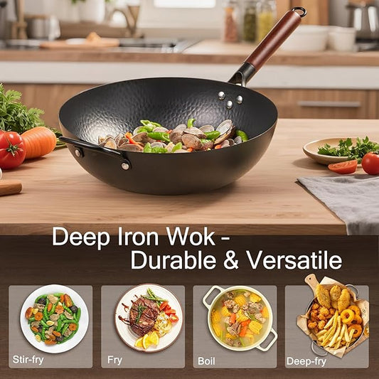 Wrought Iron Flat Bottom Wok with Glass Lid – Detachable Wooden Handle, Non-Coated Naturally Nonstick Frying Pan for Gas, Electric & Induction Stoves (Black Wok with Helper Handle, 13.4 inch)