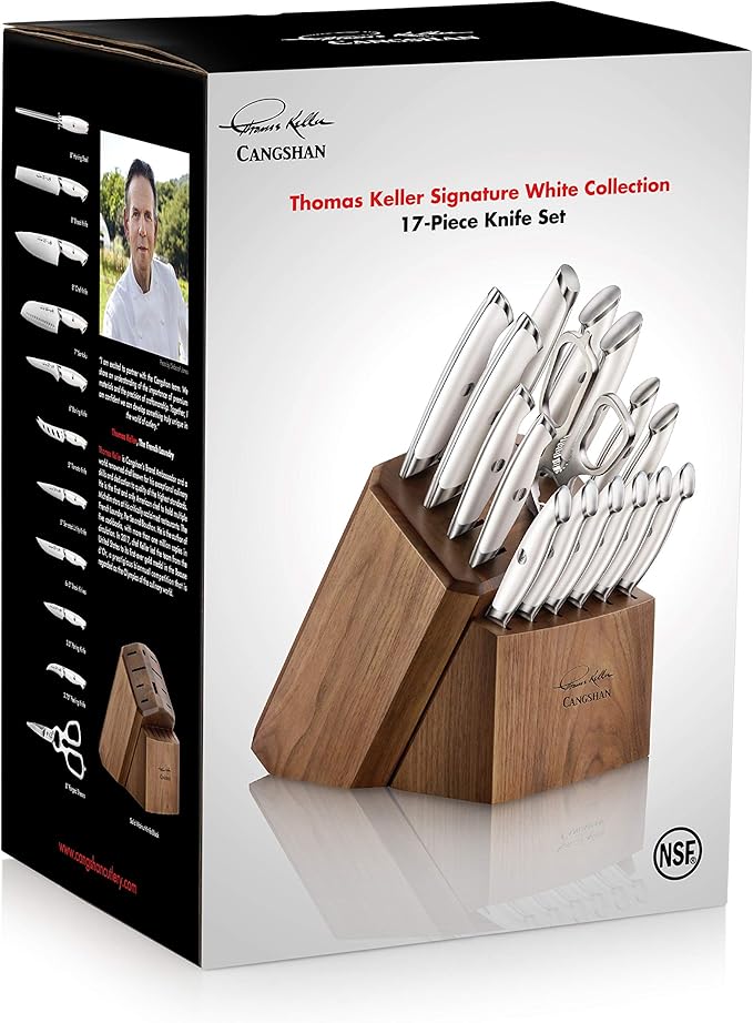 Cangshan Thomas Keller Signature Collection Swedish Powder Steel Forged, 17-Piece Knife Block Set, Walnut, White
