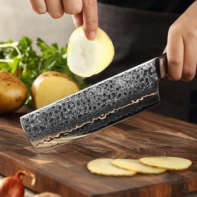 Wakoli Kawa Nakiri Knife, 7.1-Inch Blade Damascus Chef Knife | 67-Layer Damascus Steel with VG10 Core | Copper Inlay | Maple Stabilized Wood Handle | Professional Kitchen Knife