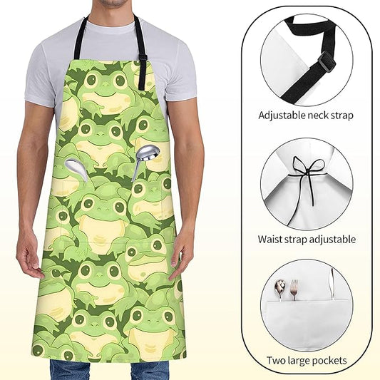 Cute Frog Apron for Women Men,28x33in,Fun Cartoon Kitchen Aprons with 2 Pockets,Oxford Fabric,Playful Adjustable Apron for Cooking Baking Gardening Chef,Gifts for Mom Wife