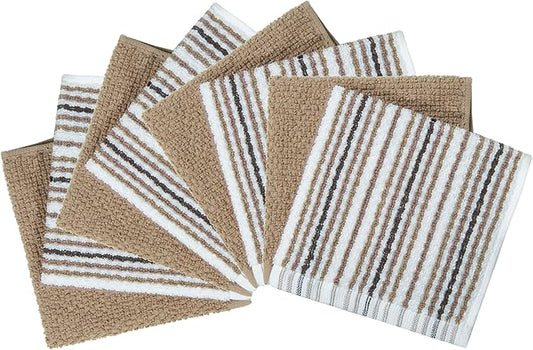 Bumble Premium Dish Cloths Towel 12"x12" | 100% Natural Ring Spun Cotton Tea Towel Set | 430 GSM | Highly Absorbent & Soft Dish Towels | 8 Pack - 4 Popcorn Striped & 4 Solid Kitchen Towels - Tan