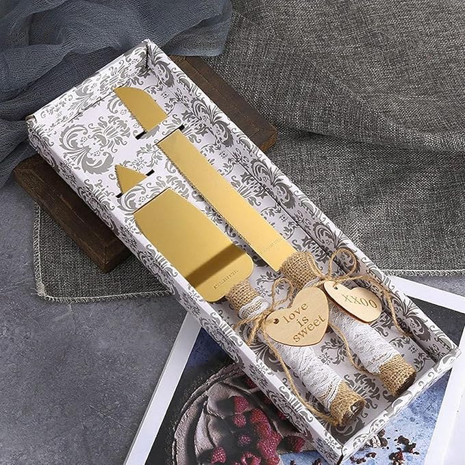 TANG SONG Rustic Style Stainless Steel Wedding Cake Knife and Serving Set Resin Plastic Handle with Twine Heart Love Wood Tag and Burlap Lace Design(Gold)