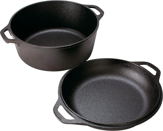 Lodge 5 Quart Cast Iron Double Dutch Oven – Pre-Seasoned – Lid Converts to 10.25" Skillet – PFAS-Free – Made in USA – Dual Handles – Oven, Grill, Campfire & Stovetop Safe – Durable & Non-Toxic