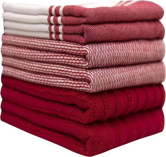 Premium Kitchen Towels (20”x 28”, 6 Pack) | Large Cotton Dish Towels | Flat & Terry Highly Absorbent Kitchen Linen Set with Hanging Loop | Wide Stripe Red