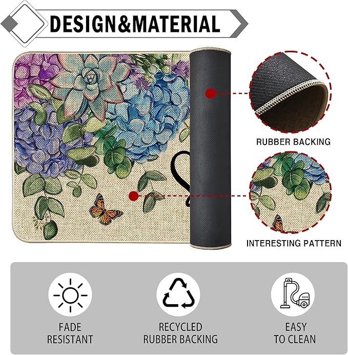 Spring Kitchen Rug and Mat Set of 2 Hydrangea Flowers Floor Mat Non Slip Rubber Backing Low-Profile Kitchen Rugs for Floor Summer Kitchen Decor for Home Bath Office- 17x29 and 17x47 Inch