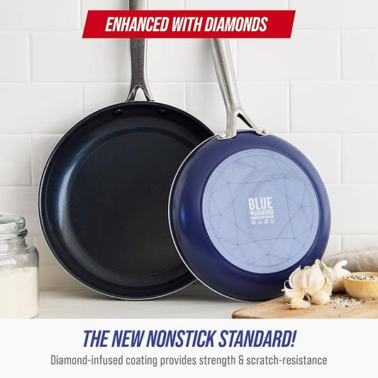 Blue Diamond Nonstick Diamond Infused PFAS-Free Ceramic Pots & Pans, Dishwasher & Oven Safe, Stay Cool Handles, Durable Non Toxic Metal Utensil Safe, Blue, 9.5” & 11" Frying Pan Skillet Set