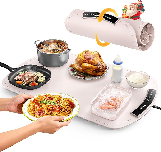 Warming Mat for Food, Electric Food Warming Mat with 8 Temp Level and 4H Timer, Silicone Chafing Dishes(24"x16"), Rollable & Portable Warming Trays for Buffets Party (Pink)