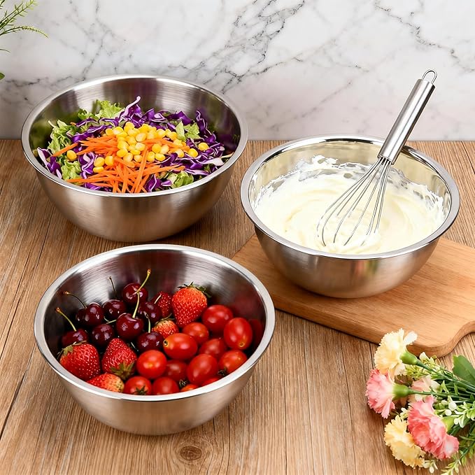 3-Set Stainless Steel Mixing Bowls Set (6.3"+7.1"+8.26"), Metal Bowl Sets with Measurement Marks, Dishwasher Safe & Stackable - Perfect for Baking, Salad Making, Meal Prep and Kitchen Use