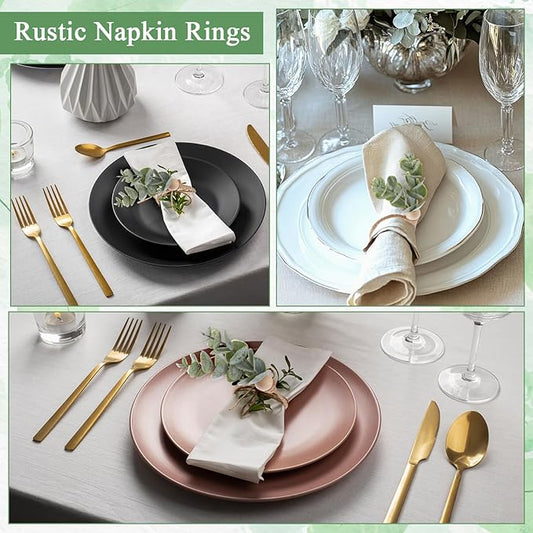 Amabro Napkin Rings Set of 6, Rustic Farmhouse Boho Green Leaf Eucalyptus Wood Bead Napkin Rings Holder for Fall Spring Thanksgiving Christmas Easter Weddings Table Decor