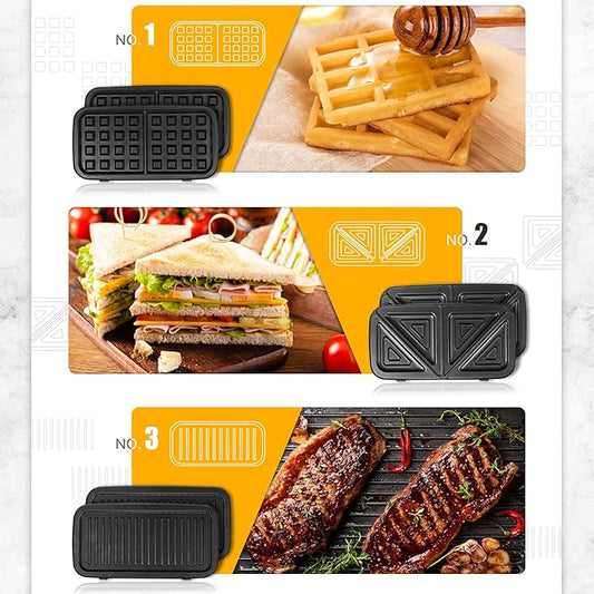 3-in-1 Belgian Waffle Maker 1200W, Breakfast Sandwich Maker & Waffle Iron with Removable Nonstick Plates, 5-Gear Temperature Control, Cool Touch Handle, Easy to Clean for Family Breakfast